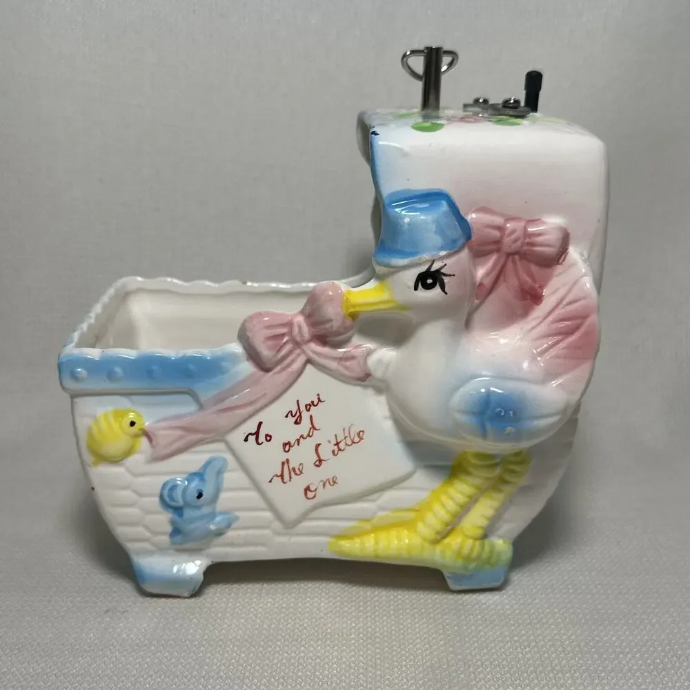 Vintage Ceramic Baby Nursery Bassinet Planter Music Box Rock a bye baby
